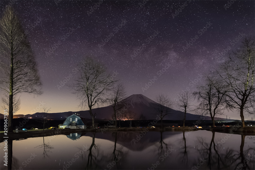 静冈县富士宫伏磨帕拉露营地的富士山和Milkyway