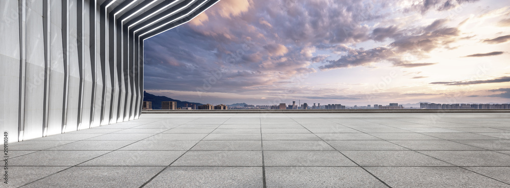 modern building and empty floor with skyline