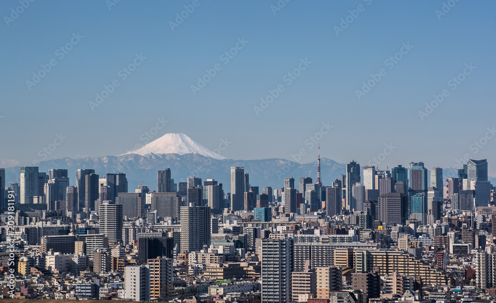 晴朗的日子里，东京城市景观、东京市中心建筑和东京塔地标与富士山