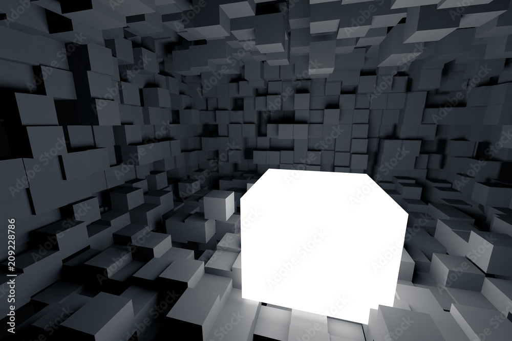 3D rendering a glowing white box in a black room