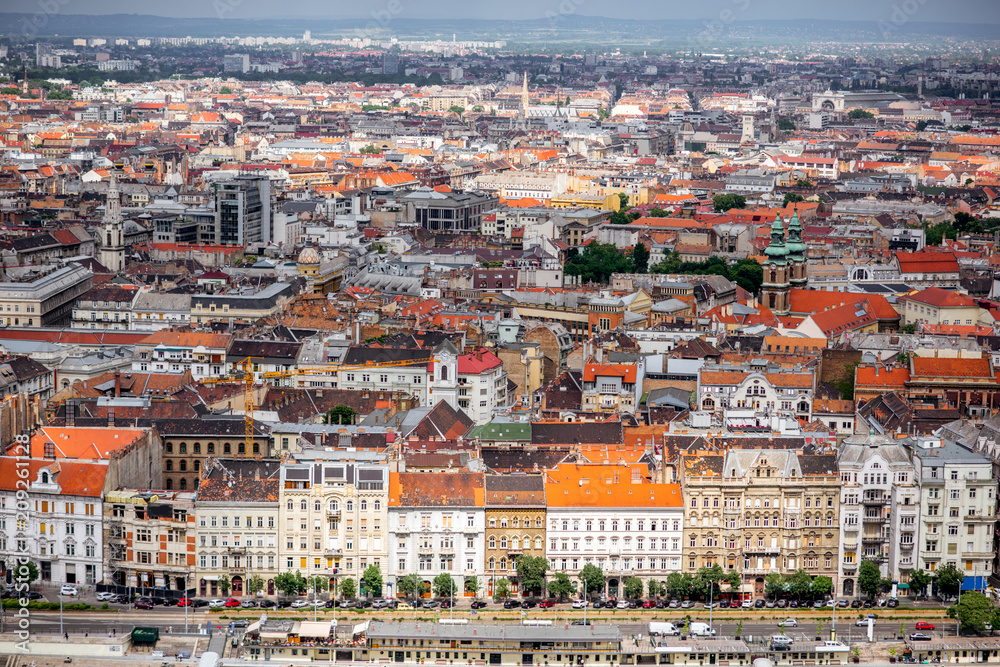 Top view on the riverside with residential buildings in Budapest city, Hungary