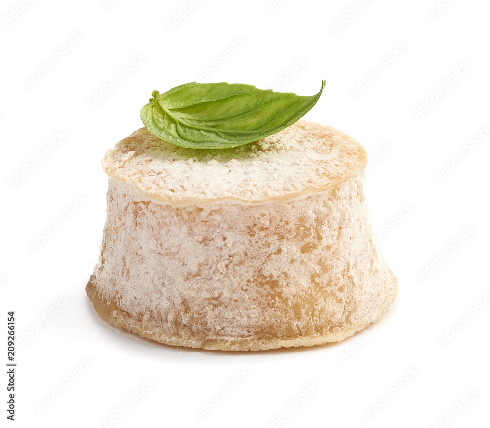 Crottin cheese with basil leave isolated on white background