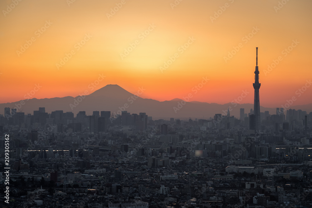 。东京富士钻石与东京天树地标。钻石富士是落日余晖的景色。