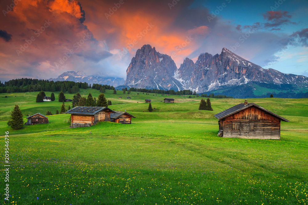 Seiser Alm with Langkofel group in background at sunset, Italy