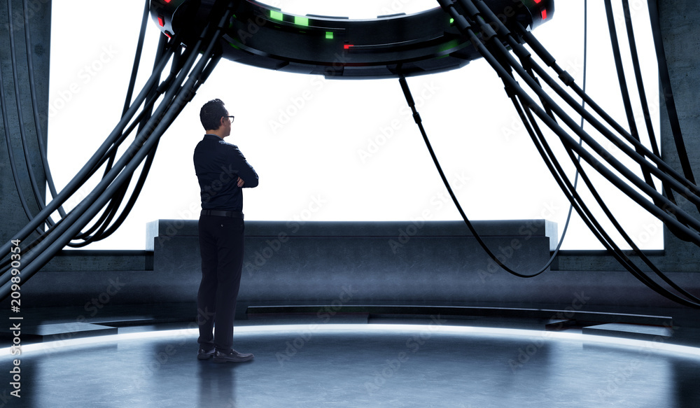 Businessman looking and thinking front of high technology control room with blank big screen   . Mix