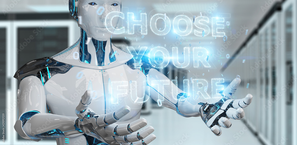 White cyborg using future decision text interface 3D rendering