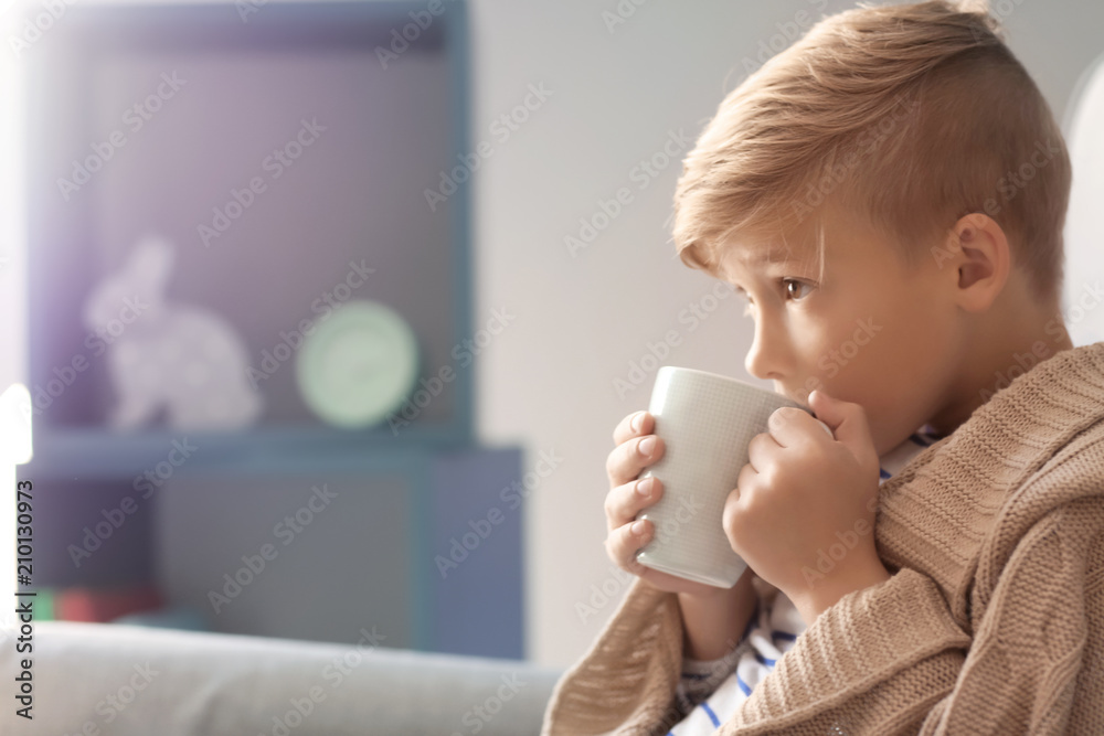 可爱的小男孩坐在家里的沙发上喝着一杯热可可饮料