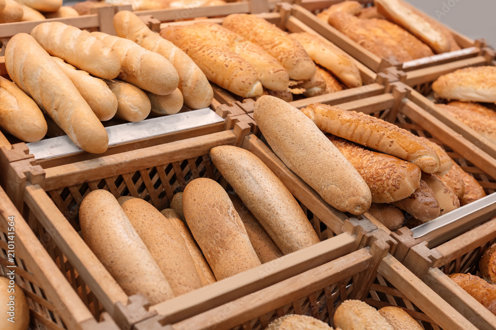 Fresh tasty bread in supermarket