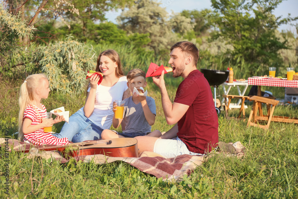 Happy family having lunch on summer picnic