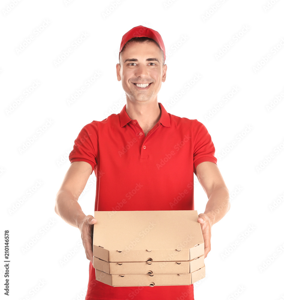 Young man with pizza boxes on white background. Food delivery service