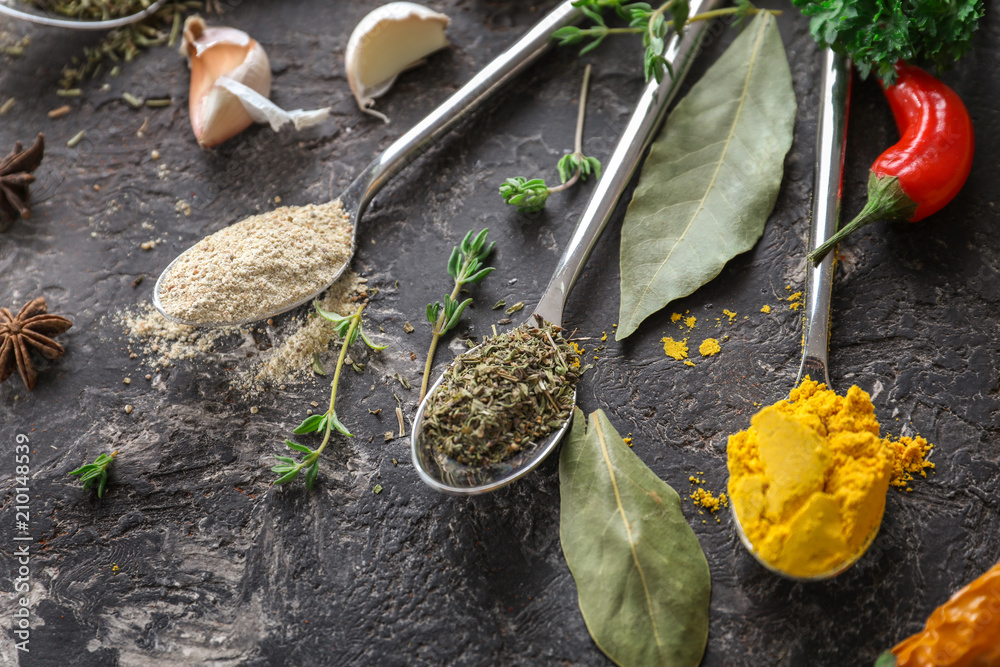 Different kinds of spices with herbs on grey background