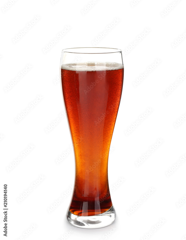 Glass of cold beer on white background