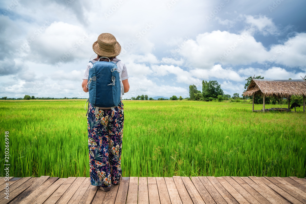 徒步旅行的女性旅行者亚洲稻田景观。