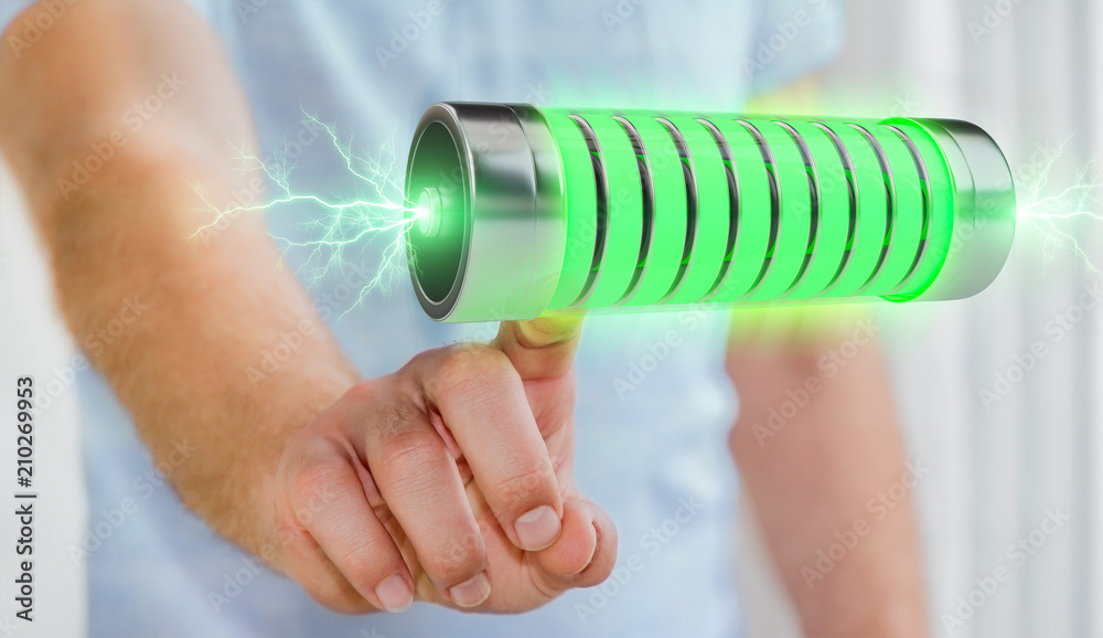 Businessman using green battery with lightnings 3D rendering