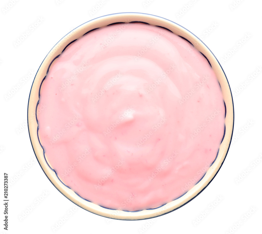 Bowl with tasty strawberry yogurt on white background