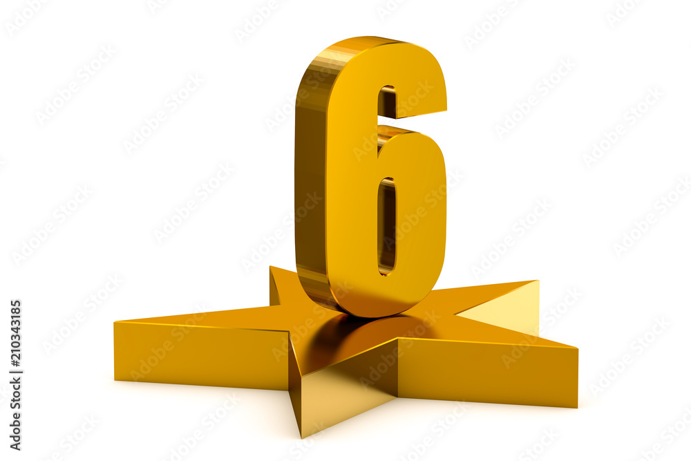 3D golden number 6 on star podium, 3D rendering isolated on white background