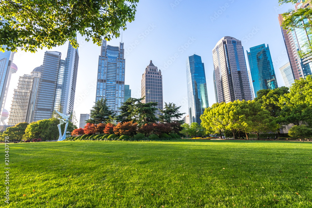 green lawn with modern office building