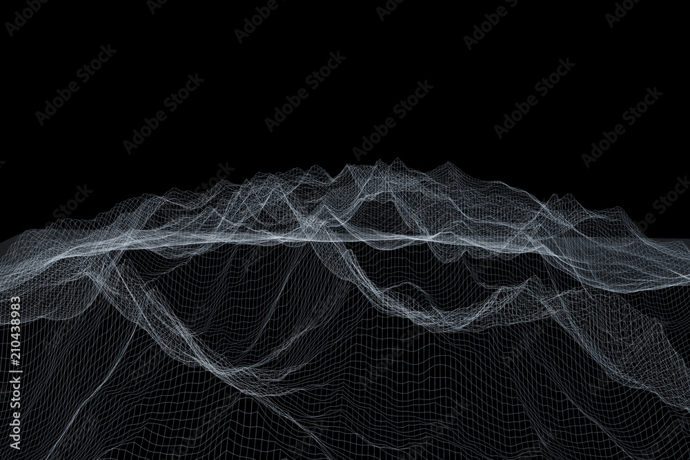 Wireframe polygonal landscape. Mountains with connected lines and dots