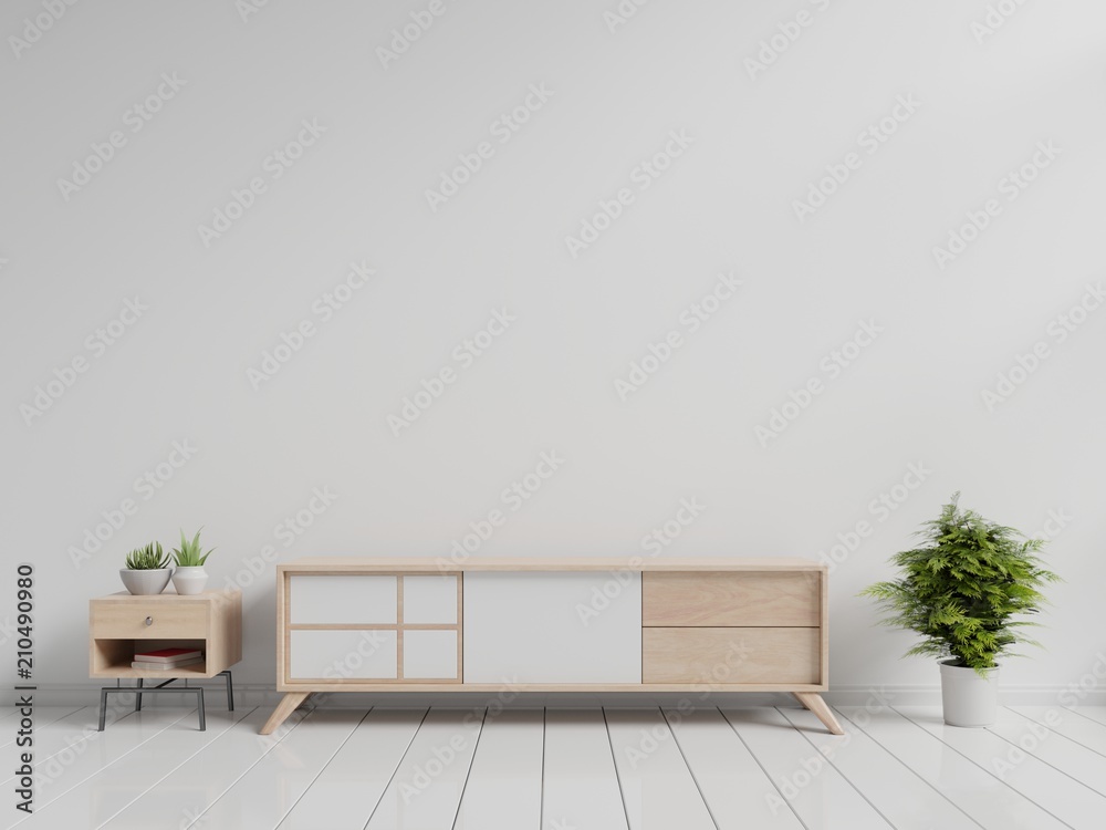 Tv cabinet in modern empty room on back white wall background, 3d rendering