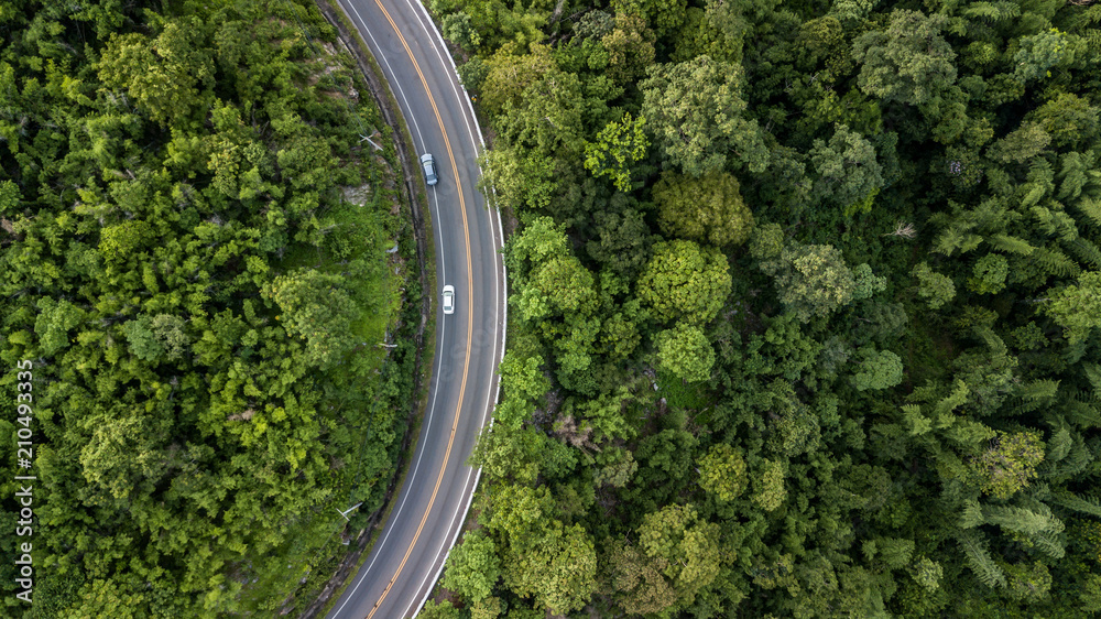 东南亚森林公路鸟瞰图，穿过森林的省道鸟瞰图