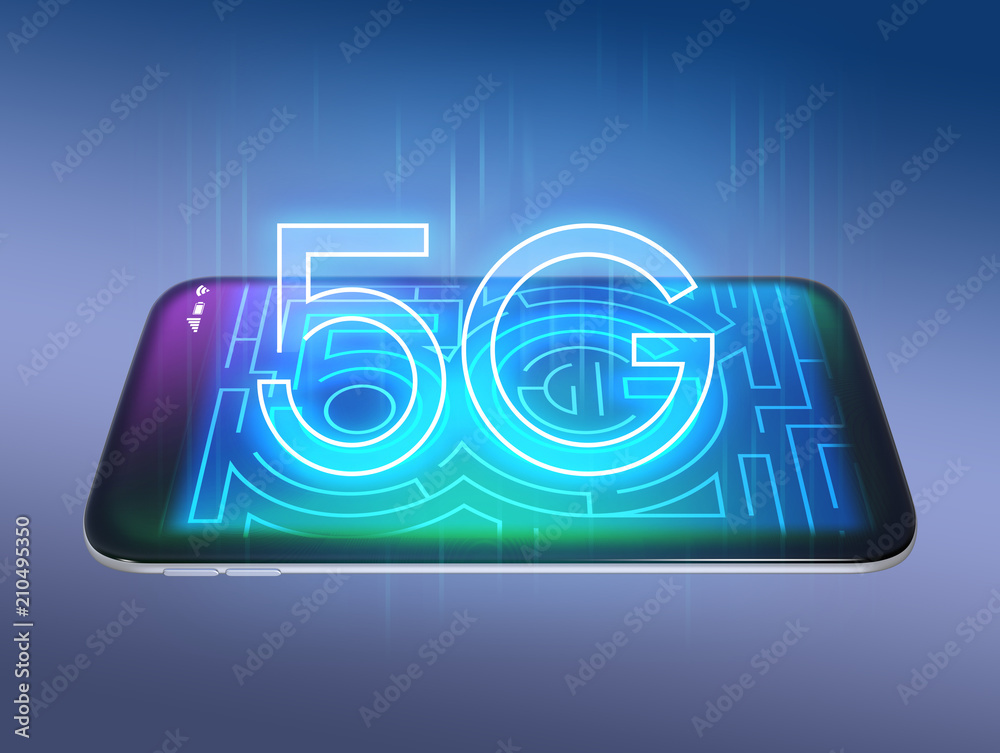 智能手机上的5G文本。3D渲染图像。