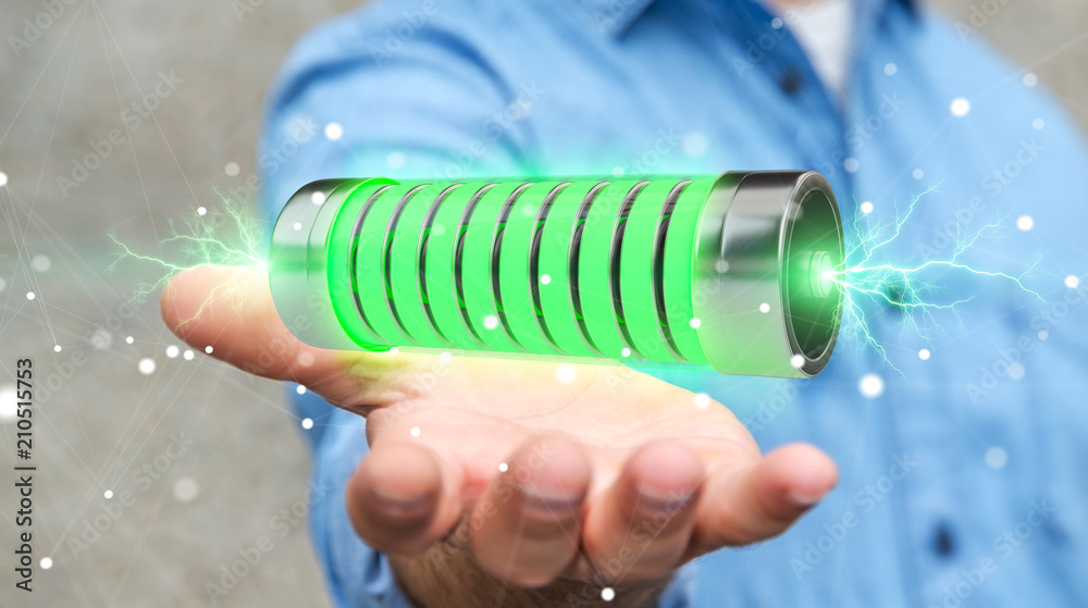 Businessman using green battery with lightnings 3D rendering