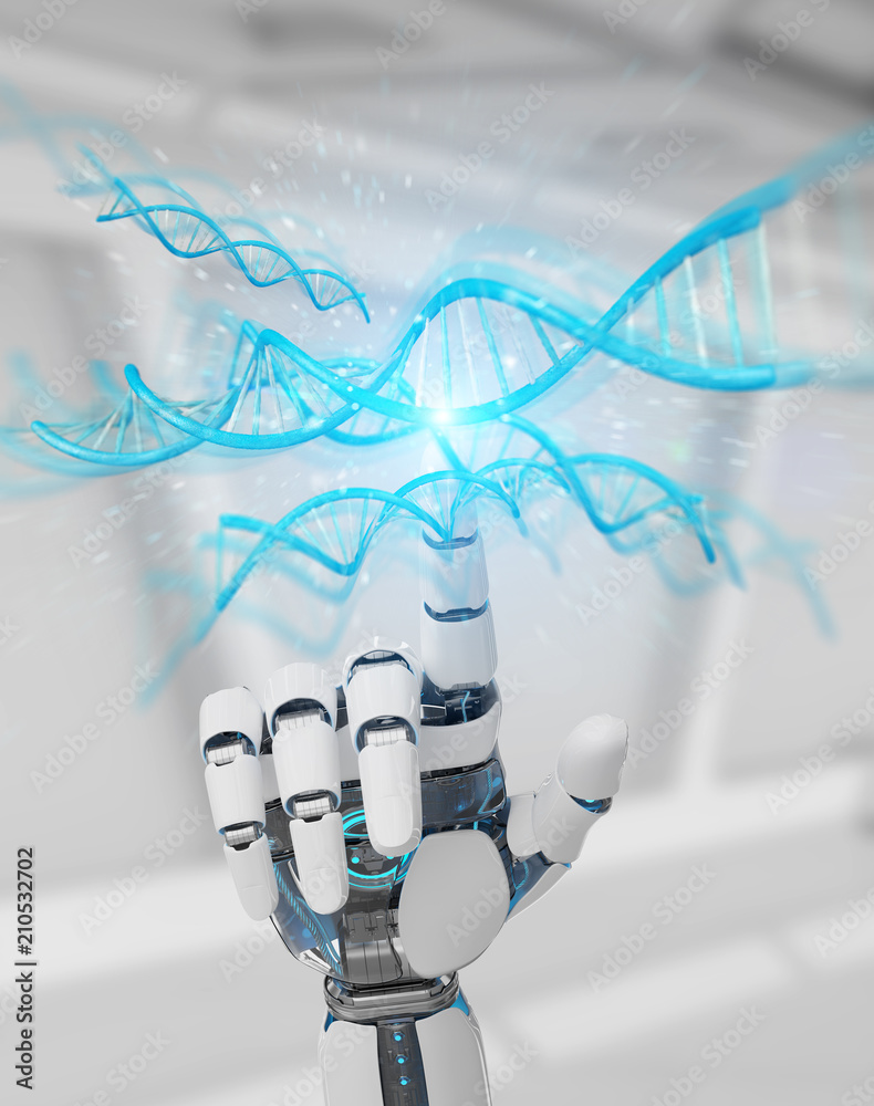 白色半机器人手扫描人类DNA 3D渲染