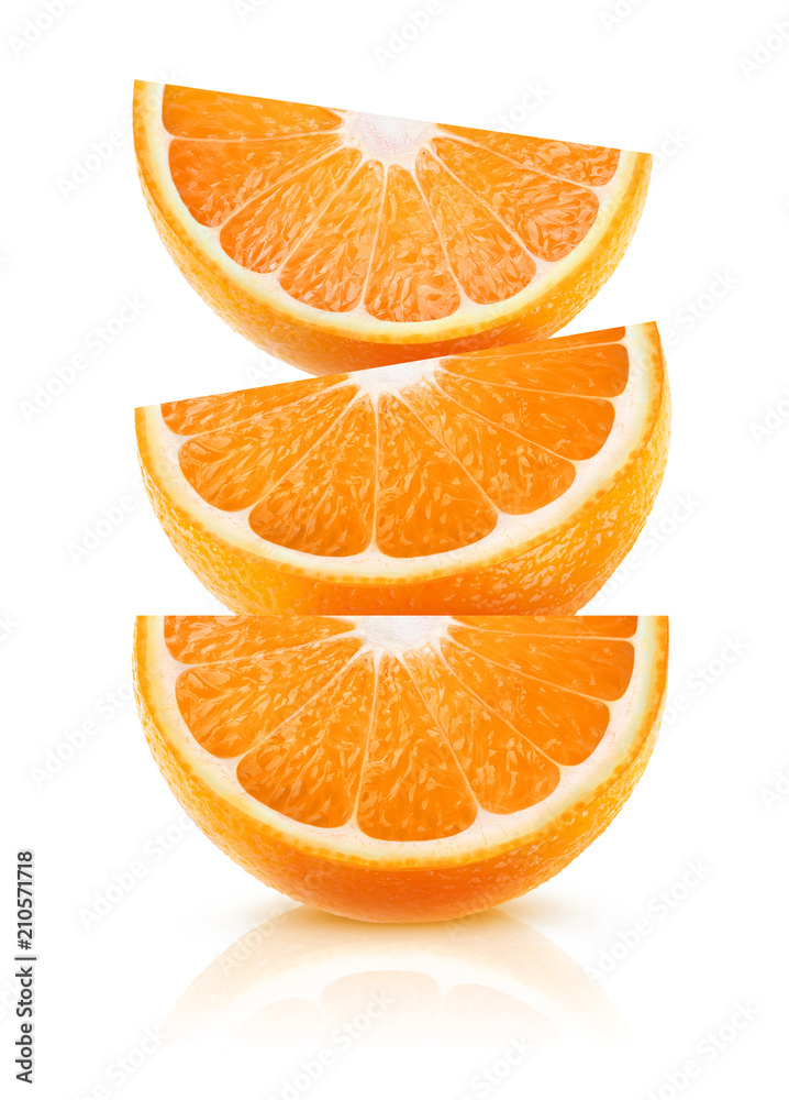 Three wedges of orange fruit on top of each other isolated on white background with clipping path