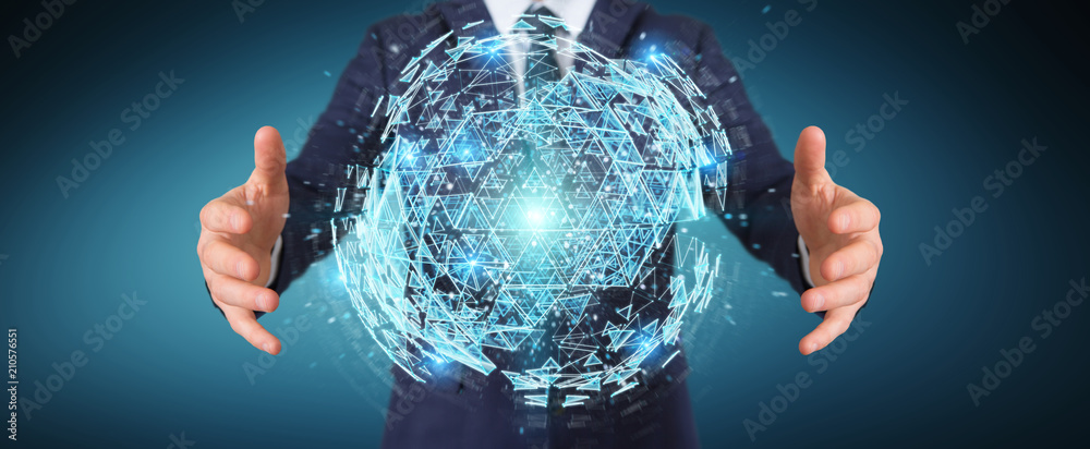 Businessman using digital triangle exploding sphere hologram 3D rendering