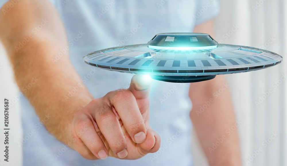 Businessman with retro UFO spaceship 3D rendering