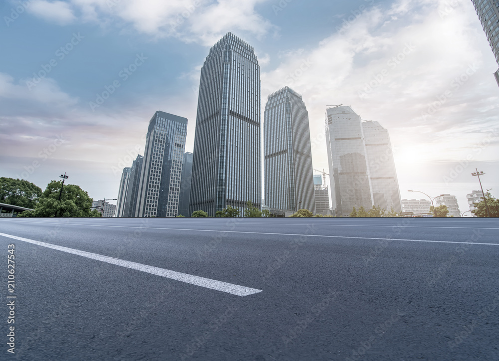 Air highway asphalt road and office building of commercial building in modern city