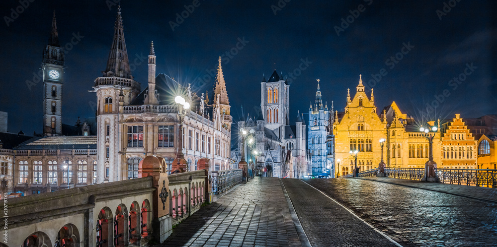 Twilight view of Ghent, Flanders, Belgium