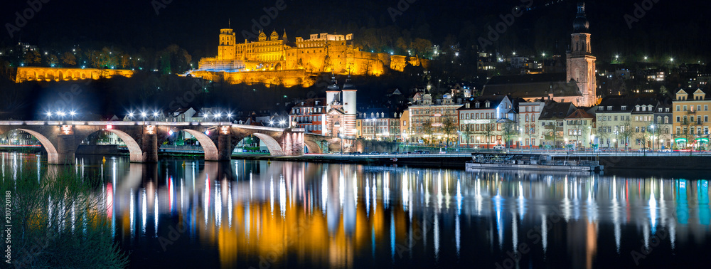 Heidelberg city panorama with Neckar river at night, Baden-Wurttemberg, Germany