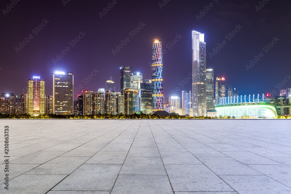 Urban skyscrapers with empty square floor tiles