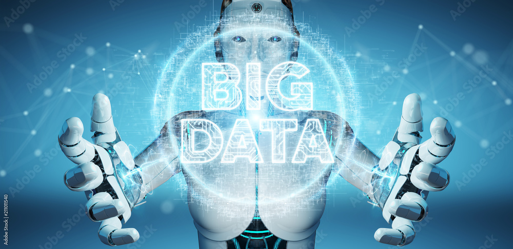 White humanoid woman using Big Data digital hologram 3D rendering