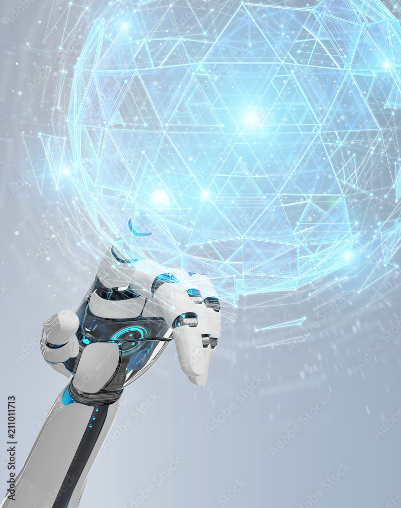 White robot hand using digital triangle exploding sphere hologram 3D rendering