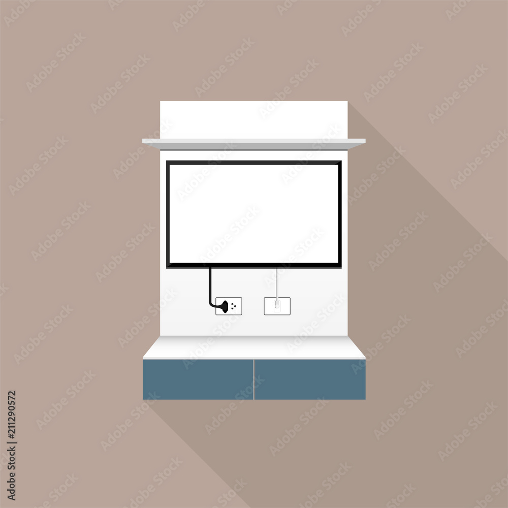 平板电视，低货架。图形模板。实物模型。矢量插图