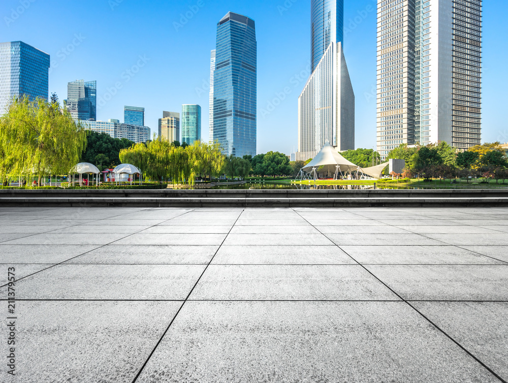 empty square with city skyline