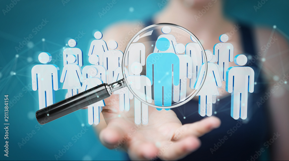 Businesswoman using magnifying glass to recruit people 3D rendering