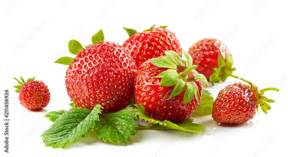 fresh red strawberries with green leaves