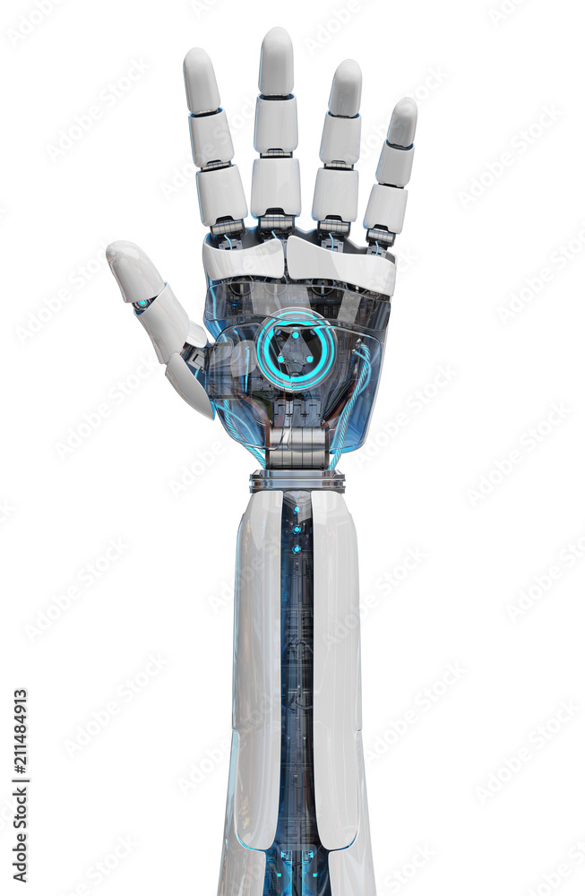 White cyborg opening his hand 3D rendering