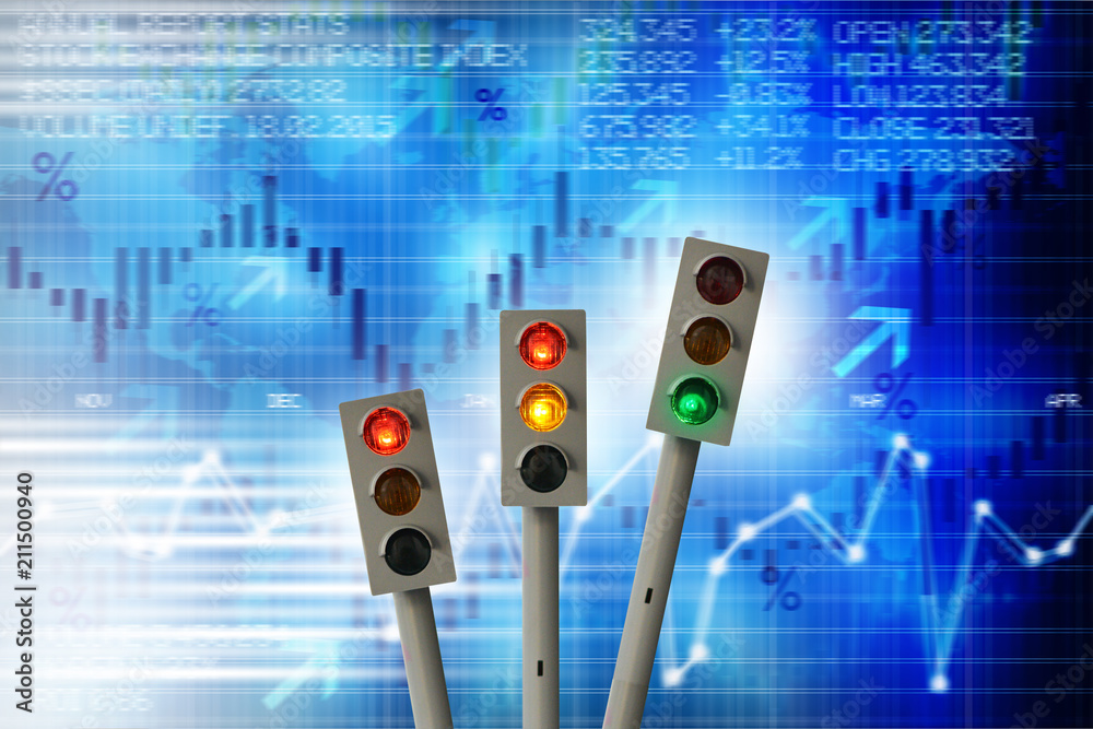 Starting a new financing project concept with traffic lights and abstract business graph charts
