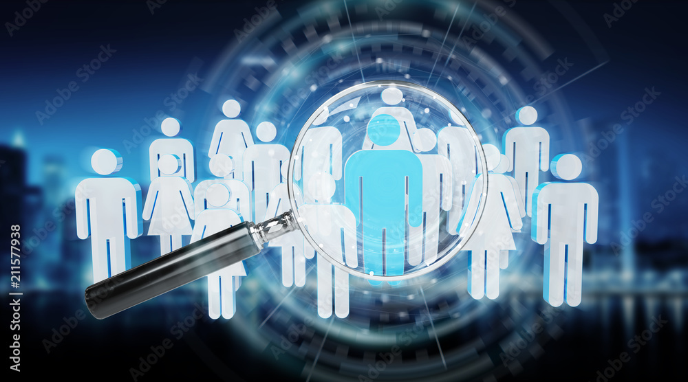 Magnifying glass recruiting people illustration 3D rendering