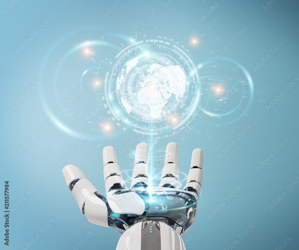 White cyborg hand using digital datas interface 3D rendering