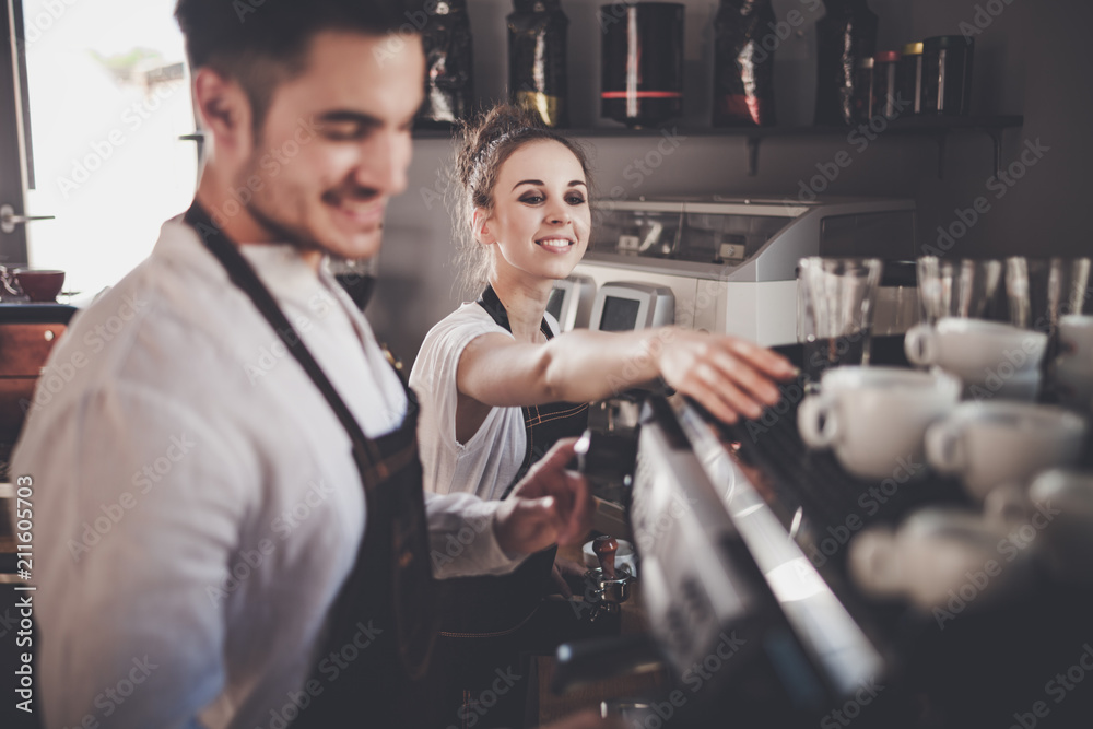 Cafe business, professional baristas team during work at cafe