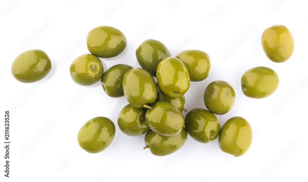 Heap of green olives isolated on white background. Top view