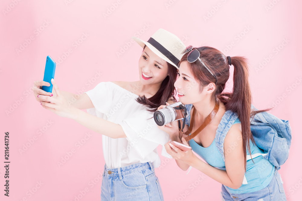 two beauty woman selfie happily