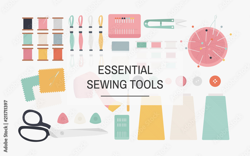 Essential sewing tools icon illustration