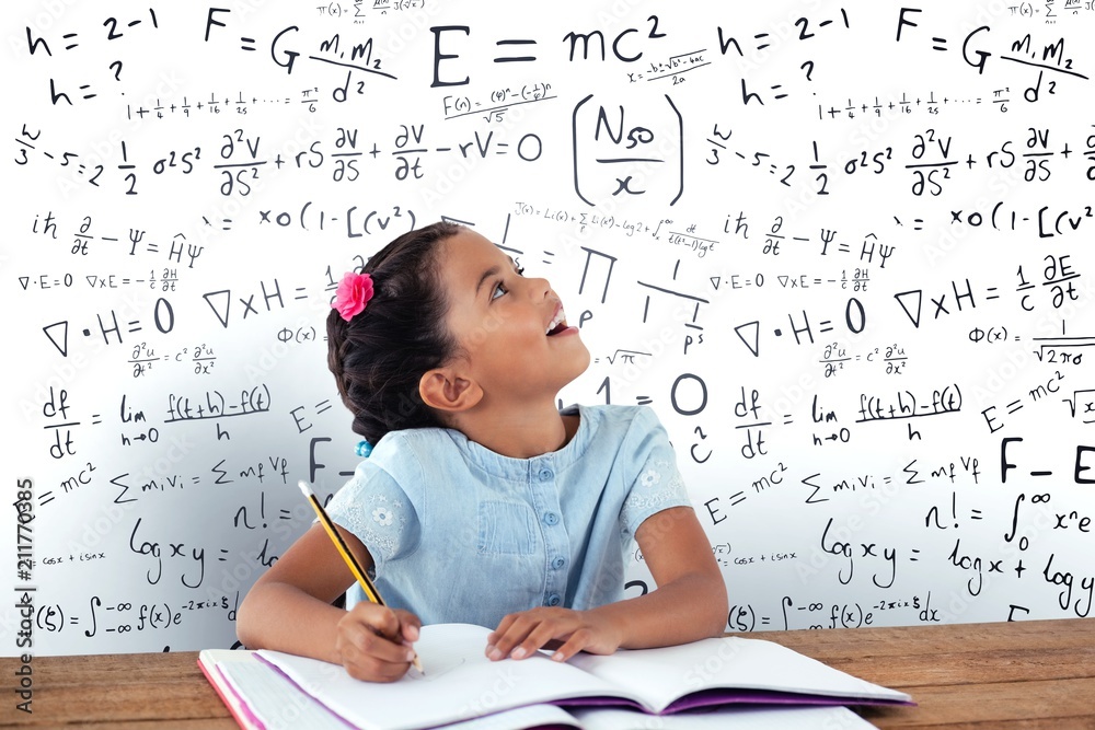 Composite image of girl looking up while writing in book