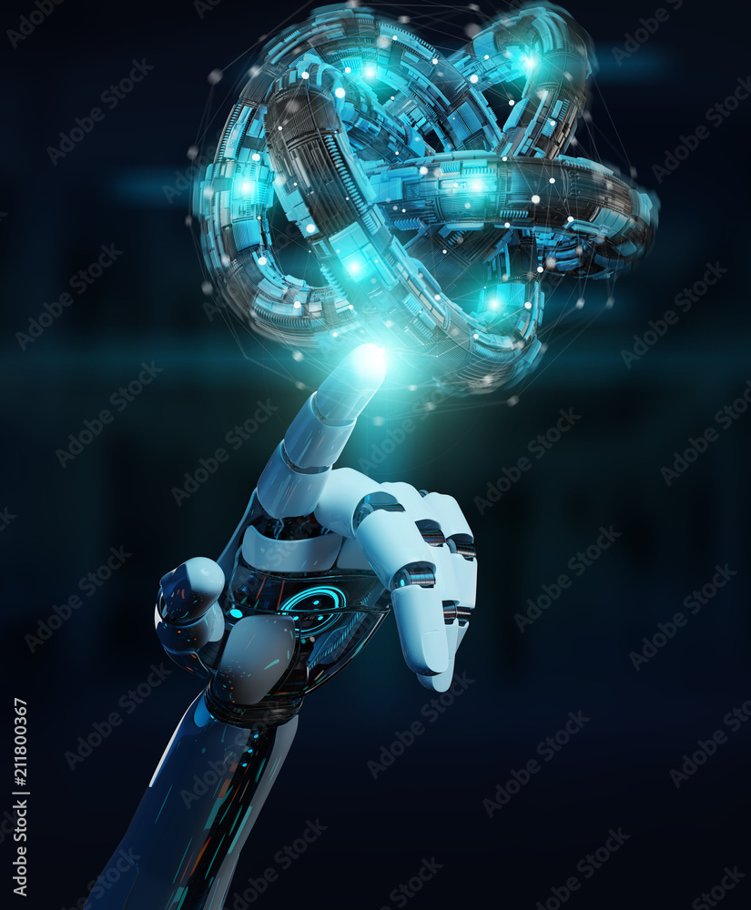 White robot hand creating future technology structure 3D rendering